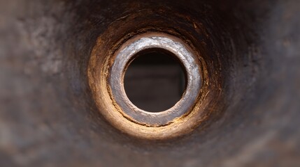 Close up view into a rusty industrial metal pipe opening with textured interior