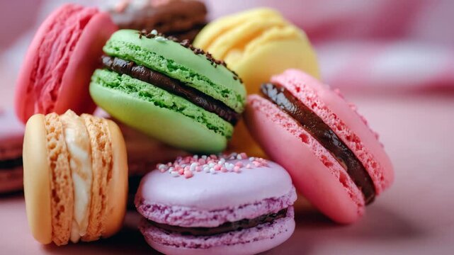287A cluster of colorful macarons isolated on a soft pink background, top-down close-up, subtle shadows for depth