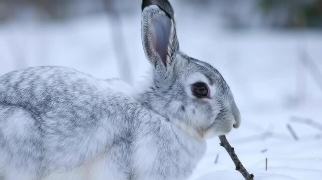White hare rabbit chewing on a stick in the snow. Wildlife animal feeding on a branch in a winter forest environment.