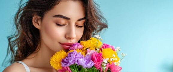 Naklejka premium Woman Enjoys Flowers on Pastel Blue Background With Space for Text, Perfect for Spring Banner Use or Flower Store Promotion