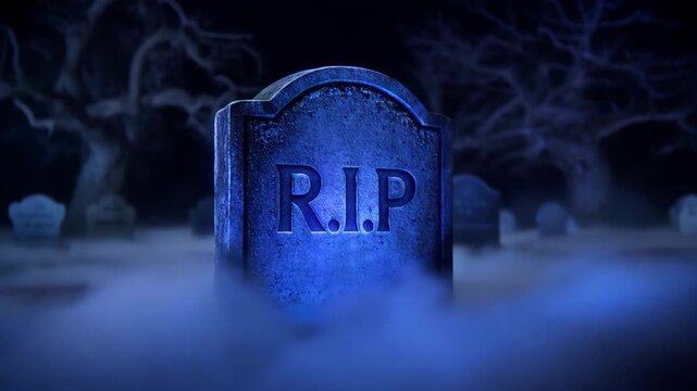 Blue glowing gravestone with rip inscription in dark foggy cemetery at night with eerie atmosphere. Concept of death and horror