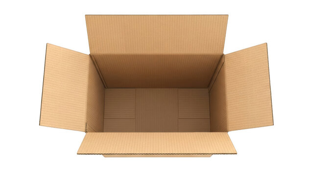 An empty cardboard box with flaps open, ready for packing or unpacking.