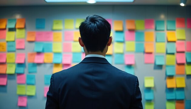 Man in suit looks at colorful sticky notes on wall. He plans project tasks and prioritizes work. Organization strategy is key for his success. He makes important business decisions.