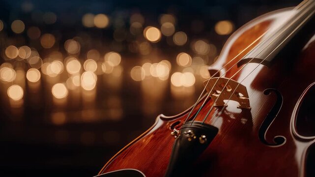 Close-up view of a violin bridge and strings, delicate wood texture and fine tuning details, warm lighting enhancing the emotional and classical music feel