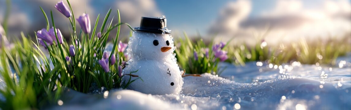 Snowman Stands in Meadow With Flowers and Grass as Winter Melts Away and Spring Arrives