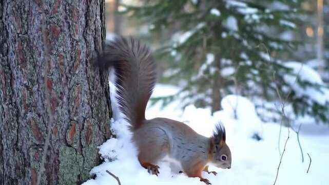Red squirrel climbing down a tree trunk and moving through deep snow in a winter forest setting. Wildlife nature.