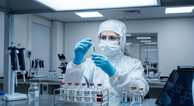 Scientist in protective gear meticulously inspects pharmaceutical vials in a cleanroom setting.