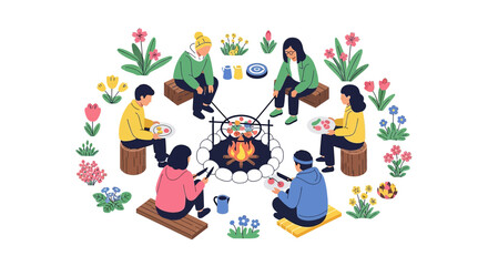 Friends Gathered Around Campfire Illustration | Outdoor Dining and Nature