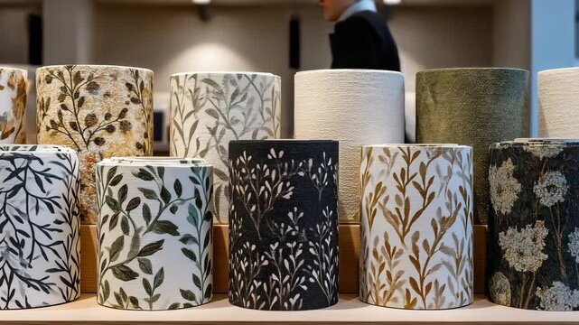 Contemporary interior styling concept with patterned wallpaper rolls arranged symmetrically, diverse motifs ranging from botanical to abstract, controlled studio lighting, neutral