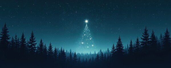 Dark forest silhouettes under starry night sky. Glowing Christmas tree shape appears in distance sky with bright star on top. Gentle light emanates from the mystical pine forest.