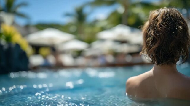 Elegant resort pool scene showing a girl from behind floating in the water, gentle ripples around her, people enjoying the pool and sun loungers in soft focus in the background, br