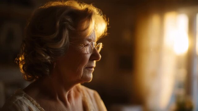 Elderly woman&rsquo;s profile silhouette, interior painted with meaningful family and home imagery, warm light tones, painterly texture with subtle depth, minimalist white background con