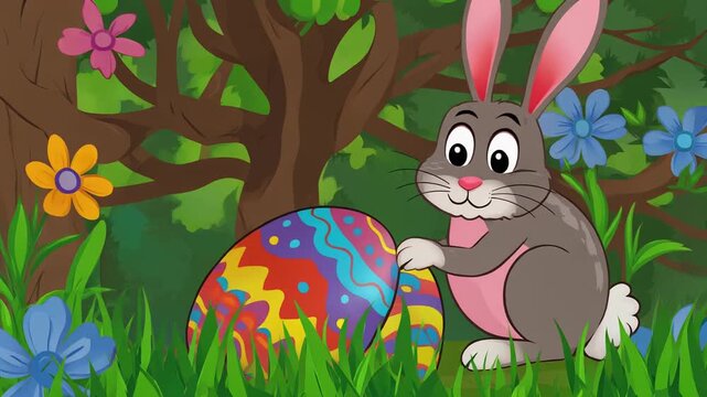 Osterhase versteckt ein buntes Ei im Garten &ndash; Comic-Illustration
