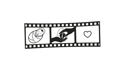 A film strip depicts a newborn baby, hands holding feet, and a heart