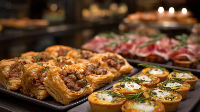 High-end catering buffet scene showcasing gourmet appetizers, crisp puff pastry sausage rolls, neatly stacked mini sandwiches, bite-sized quiches with browned edges, and silky pros