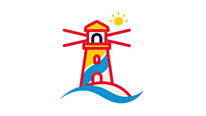 A whimsical, cartoon-style lighthouse stands with sun and waves, simple and bold colors © jons