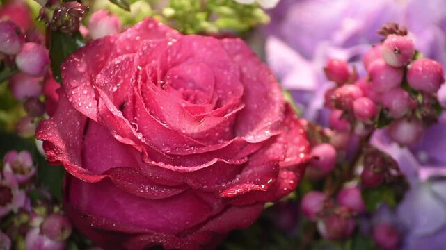 Close up of a pink rose with water droplets on its petals. Pink berries and blurred floral elements surround the main flower in a soft lighting.