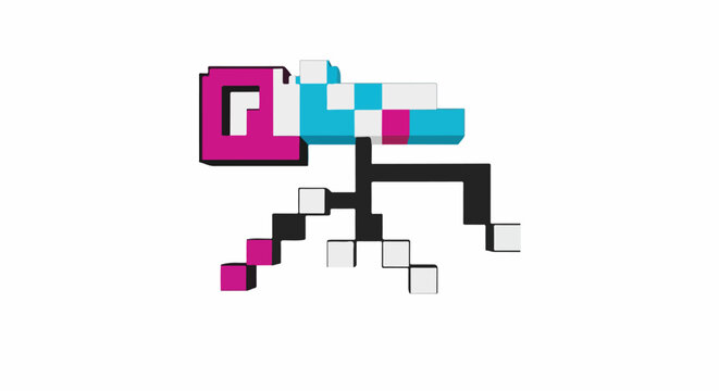 Vibrant pixel art character in retro 8-bit style. Abstract figure with pink, blue, black, and white elements, isolated on white background.