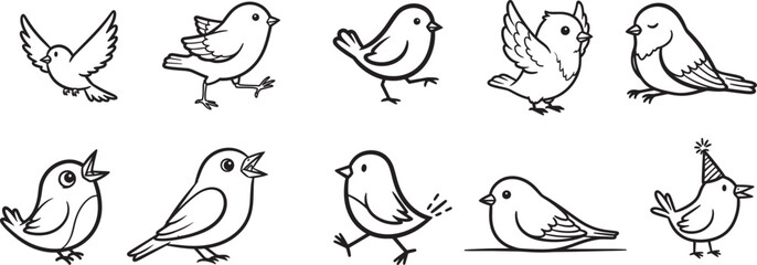 Fototapeta premium Hand Drawn Bird Collection Black and White Line Art Illustration Set