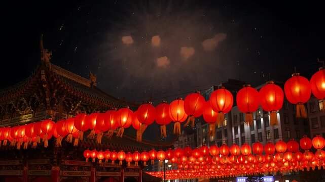 Festive chinese new year fireworks show framing a classic chinese temple under a dramatic night sky