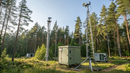 Communication Towers and Equipment in Forested Outdoor Area