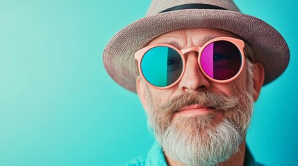 Close-up portrait of a mature man with a beard, wearing a hat and colorful sunglasses against a light blue background