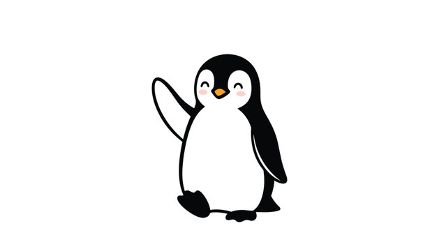 Adorable cartoon penguin is walking and waving one flipper with a happy expression on its face against a solid white background in a cute style.
