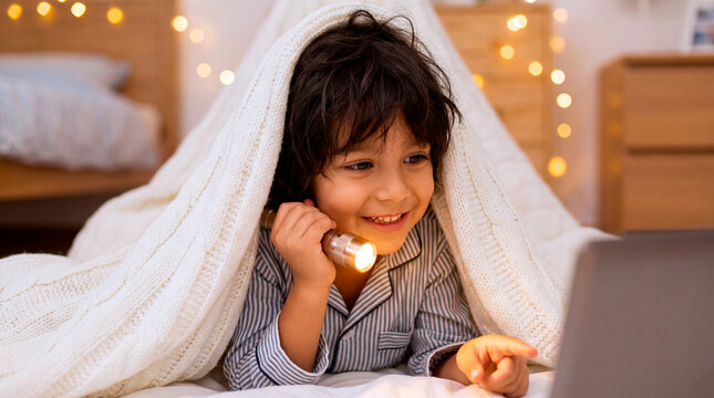 Young boy in pajamas hiding under a white blanket with a flashlight. Child using a laptop in a warm bedroom fort at night. Technology and childhood concept
