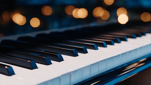 Macro shot of piano keys and inner strings, ivory and black keys in sharp focus, golden strings and dampers softly blurred, elegant classical music atmosphere