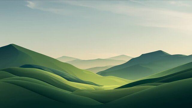 Stylized Green Hills Valley Landscape Minimalist Vector Art