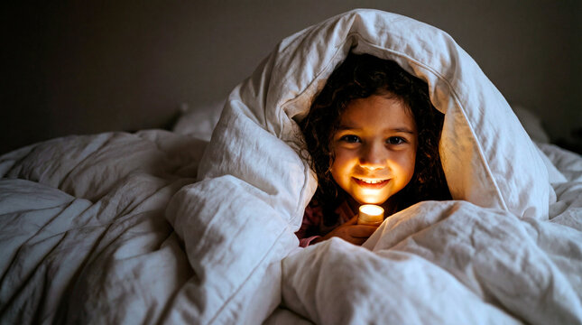 Smiling little girl hiding under a duvet with a flashlight. Happy child playing in bed at night