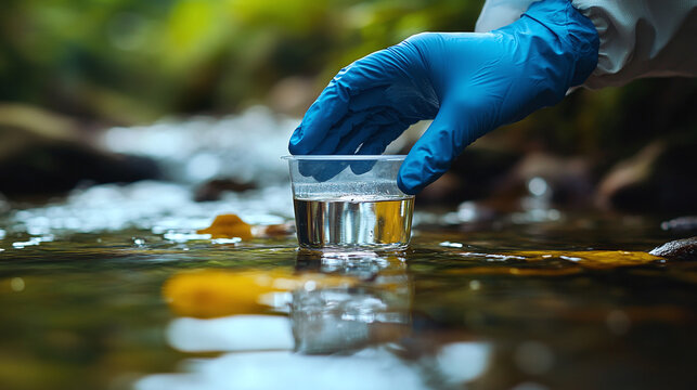 Gloved hand taking a water sample from a contaminated river for laboratory testing. Concept of industrial pollution, environmental monitoring, and inspection control.