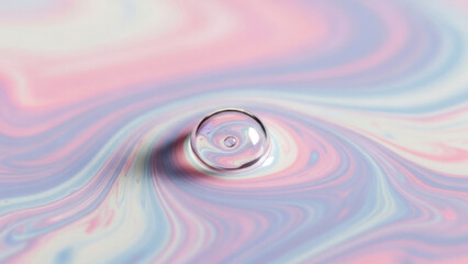 Close-up of a water droplet creating ripples on pastel-colored surface.