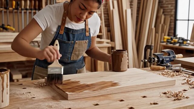 Young woman in a woodworking workshop applying wood stain to a plank