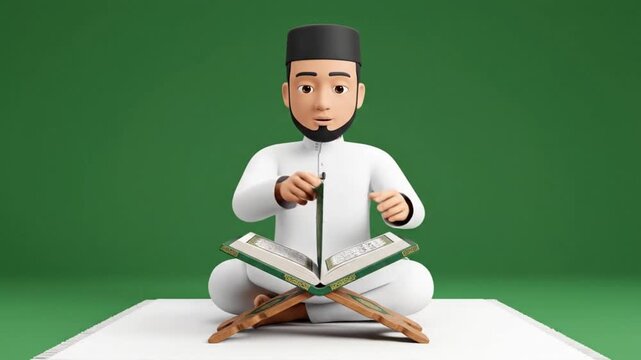 Man in traditional attire reading holy book in peaceful setting