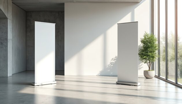 Two blank roll up banner stands in a modern office hall. White banners for advertising or information are ready for branding. Includes a plant and large windows.