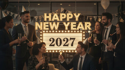 Group celebrating New Year with drinks and party hats in a decorated indoor space.