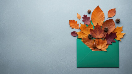 Autumn leaves and decorations emerging from a green envelope on a light surface.
