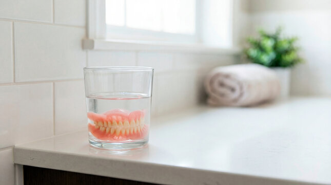 False teeth dentures soaking in a glass of water on a bathroom counter. Dental hygiene and care concept