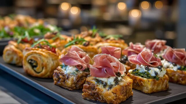 Ultra-detailed close-up of a catered appetizer selection, highlighting textures of flaky pastry sausage rolls, fresh mini sandwiches, creamy quiche bites, and thinly sliced prosciu