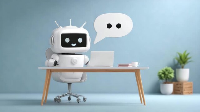 cute chat assistant robot works in office animation
