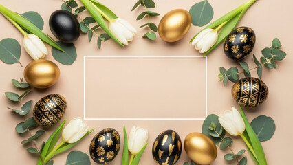 Decorative Easter eggs with flowers and greenery on a neutral background.
