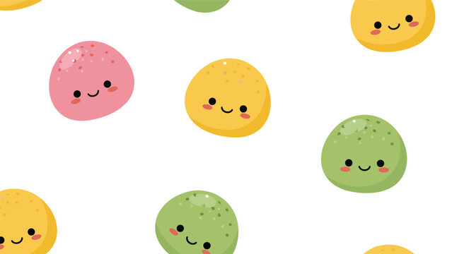 Sweet seamless pattern features various colorful mochi balls with happy blushing faces in pink, yellow, and green on white background.