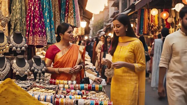 Traditional Indian Culture Bazaar Spices Jewelry People Market Vendor Travel