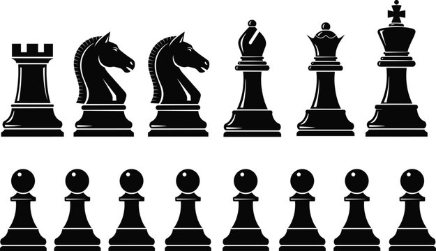 Vector illustration of black chess pieces icons including king queen rook bishop knight and pawns isolated on a white background