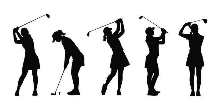 Golf girl silhouettes collection, women playing golf in dynamic stances, swing, drive and putt scenes, recreation and tournament elements, minimal shadow style, professional vector design.