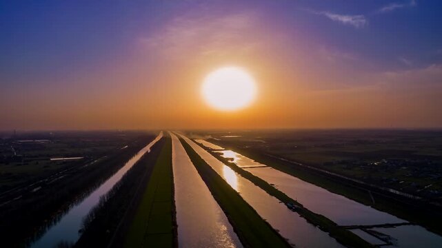 Dutch Waterways at Sunset - Aerial View