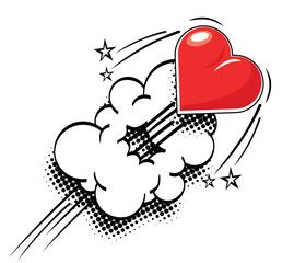 Red heart fly at high speed and breaks through the cloud. Vector on transparent background in comic style 