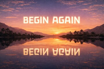 Motivational Sunset Reflection with Begin Again Message