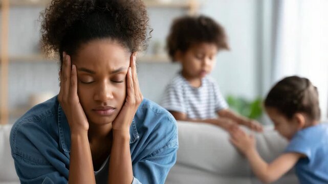 Tired stressed mother at home overwhelmed by parenting, emotional burnout, mental load of motherhood, family pressure, emotional fatigue, parenting struggle, everyday life of modern moms